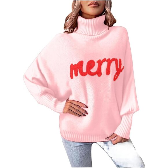 Oversized Christmas Pink Sweater Women 2025 Merry Turtleneck Batwing Sleeve - Picture 1 of 6